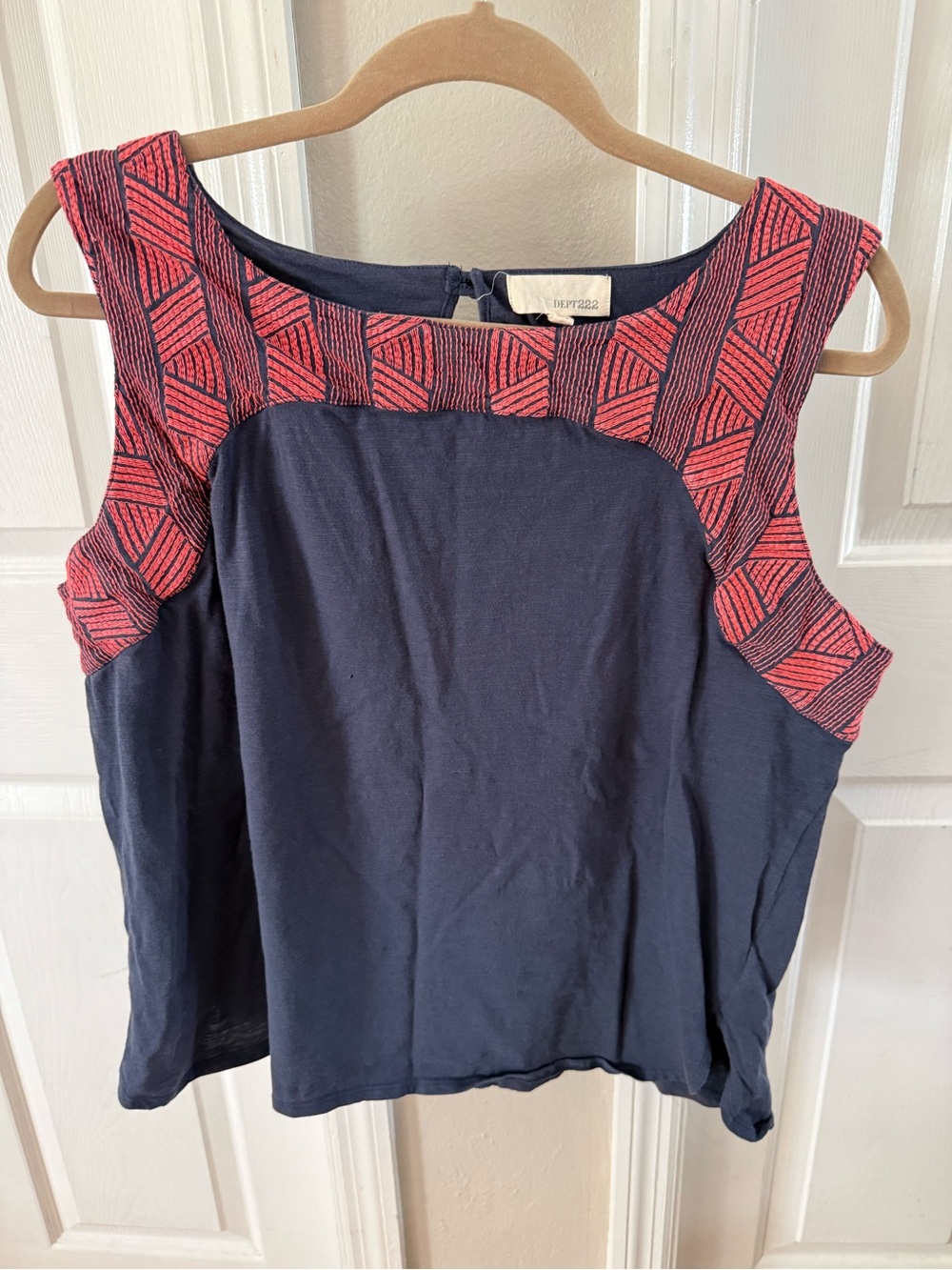 Sleeveless Navy Tank with Red Geometric Yoke